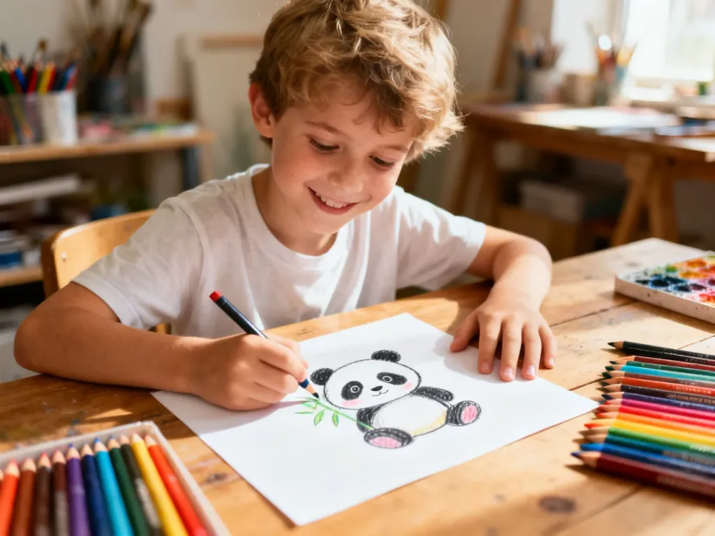 Dziecko siedzące przy biurku, które z radością rysuje pandę kolorowymi kredkami na białej kartce papieru.