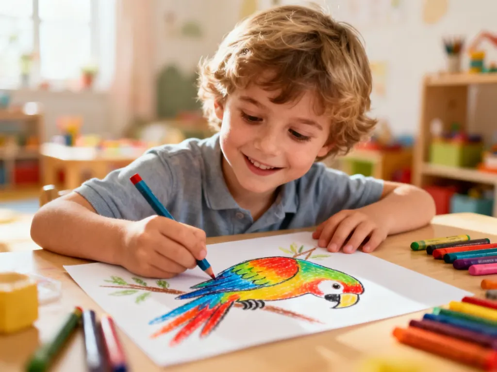 Dziecko z radością rysuje kolorową papugę kredkami na kartce papieru w przytulnym pokoju zabaw.