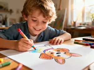 Dziecko rysuje prostego kota na kartce papieru przy użyciu kolorowej kredki w słonecznym pokoju.