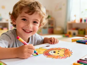 Dziecko z radością rysuje postać człowieka kolorową kredką na dużym arkuszu papieru w jasnej pracowni plastycznej.