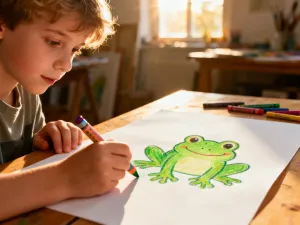 Dziecko siedzące przy biurku, które z radością rysuje pandę kolorowymi kredkami na białej kartce papieru.