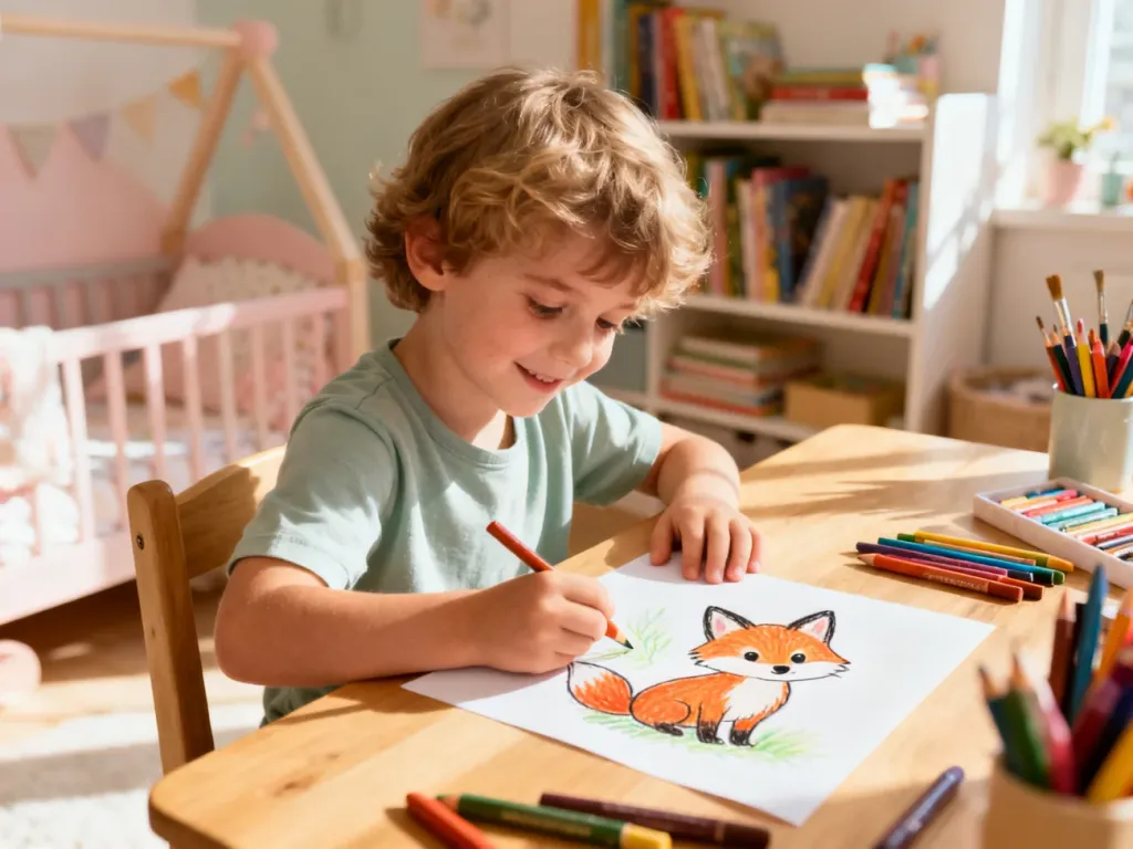 Dziecko z zaangażowaniem rysuje kredkami lisa na kartce papieru przy drewnianym biurku w przytulnym pokoju.