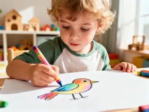 Dziecko rysuje kolorową żabę kredką na białej kartce papieru przy drewnianym biurku.