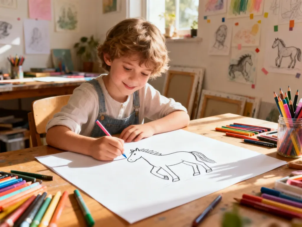 Dziecko z radością rysuje konia na kartce papieru przy drewnianym biurku w przytulnej pracowni plastycznej.