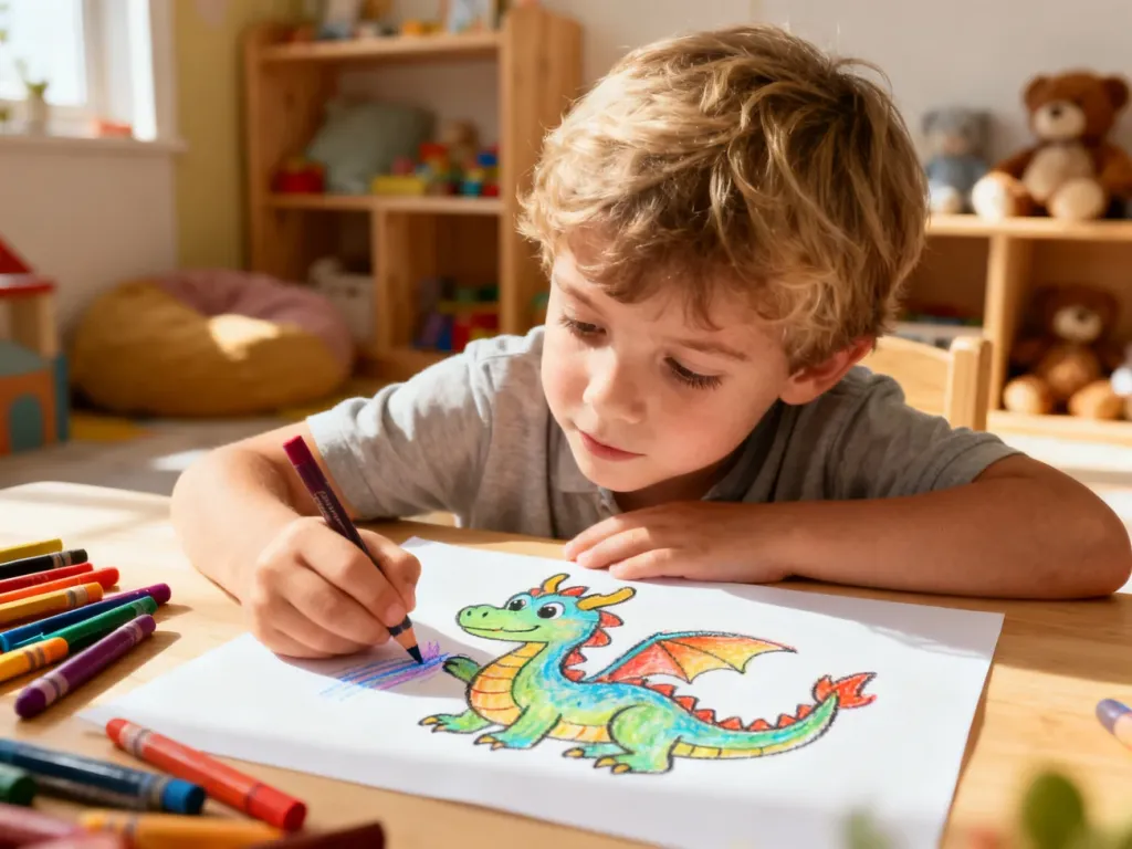 Dziecko z radością rysuje kolorowymi kredkami przyjaznego smoka na kartce papieru w przytulnym pokoju zabaw.