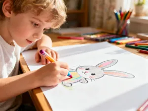 Dziewczynka z zaangażowaniem rysuje kolorowego jednorożca na kartce papieru w przytulnym pokoju zabaw.