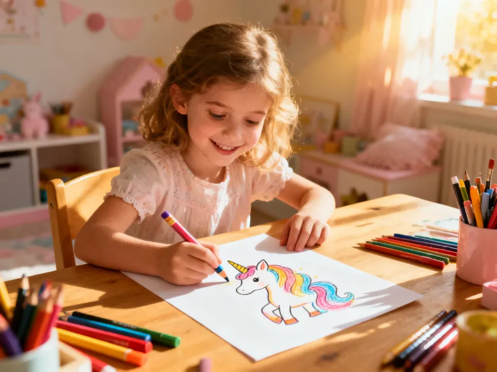 Dziewczynka z zaangażowaniem rysuje kolorowego jednorożca na kartce papieru w przytulnym pokoju zabaw.